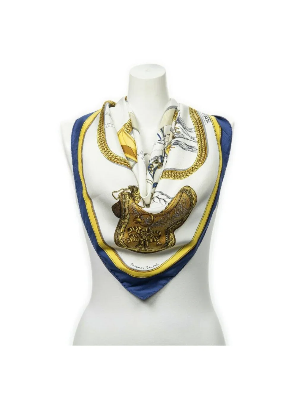 Hermes Scarf Navy White Gold Silk